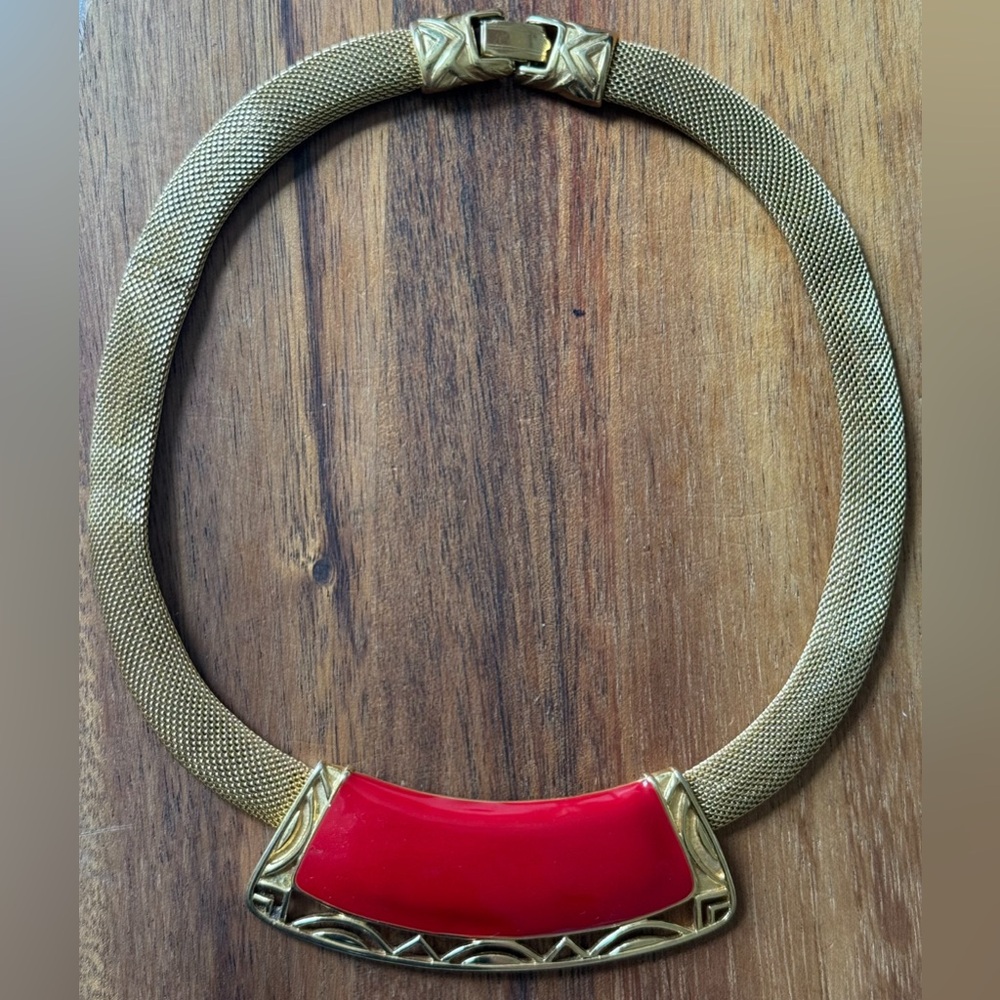 VTG Monet ModernistRed Enamel GP Mesh Runway Chocker Necklace 17” 80s